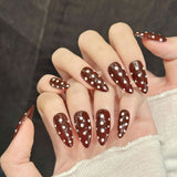 Yeknu  10pcs Handmade Press on Nails Retro Brown Almond Dot Print Design False Nails For Girl Wearable Sweet Cool Glossy Fake Nail Tips