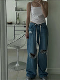 Yeknu  Autumn Long Jeans Pants Women Ripped Hole Korea Style Loose Ladies Jeans Trousers Wide Leg Fashion Casual Woman Pants