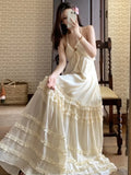 Yeknu  New Summer French Sleeveless Suspender Dress Seaside Vacation Long Beach Dress Ruffle Cake Backless Sexy Maxi Dresses