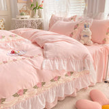 Yeknu Princess Style Korean Bed Skirt Bed Sheet Embroidered Ruffle Lace Quilt Cover Ins Bedding For Girls Luxury Home Textiles