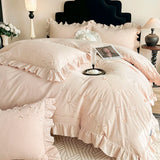 Yeknu  Chic Flowers Embroidery Ruffles Luxury Bedding Set 100% Cotton Duvet Cover Flat/Fitted Bed Sheet Pillowcases 4Pcs
