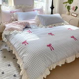 Yeknu  Spring and summer new Korean lace bow four-piece princess style lace washed cotton girl heart pink