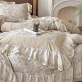 Yeknu 4/5Pcs French Vintage jacquard Lace Ruffles 100% Cotton Double Layer Yarn Bedding Sets Duvet Cover Flat/Fitted Sheet Pillowcases