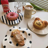 Yeknu Simple Wave Breakfast Plate Black and White Wavy Dot Stripe Irregular Underglaze Color Ceramic Wavy Edge Dessert Plate