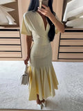 Yeknu  Elegant Pleated Women's Long Dress V-Neck Short Sleeve Waist-Closed Lady Dresses Summer Autumn Female Vacation Robe New