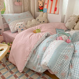 Yeknu  Cartoon color plaid bed sheet four-piece set student cute soft quilt cover dormitory three-piece set