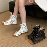 Yeknu  Fashion Design Hollow Out Flat Heels Boot Sandals Woman Summer Gladiator Peep Toe Zipper Party Dress Shoes