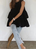 Yeknu  Summer Sleeveless Vests Tops Women Ruffle Patchwork Fashion Pleated Ladies Blouses Korean Style Loose Sweet Woman A-Line Tops