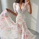 Yeknu  Summer Autumn Vacation Print Long Women's Dress Sexy Deep V-neck Split Short Puff Sleeve Pleated Female Robes Outwear New