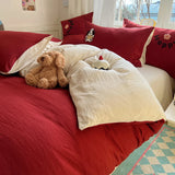 Yeknu Solid Colour embroidery Bedding Set For adults kids Ankela Red Red Flat Sheet With Pillowcases Colorful King Queen Full size