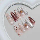 Yeknu  30pcs Nude Red 3D Flower Press On Nails Long Stiletto Fake Nails with Silver Metal Line & Pearl False Nail for Women&Girl