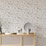 Yeknu  Scandinavian Style Wallpaper Morgongåva, FLoral Wallpaper with Botanic Branches and Grey Leaves with light back