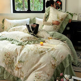 Yeknu Nordic Bedding Sets 100% Cotton Floral Flat Bed Sheet Set 2 Pillowcases Skin-Friendly Queen King Double Size Bed Linen Set