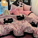 Yeknu  Korean Style Bedding Set Green Strip Black Cat Embroidery Washed Cotton  Duvet Cover Cute Cardboard  Bed linen Comforter Sets