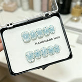 Yeknu  10Pcs Handmade Light Blue Cat Eye Press On Nails Short Square False Nails With Blue Rhinestones Reusable Fake Nail for Women