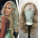 Yeknu  Long Curly Wavy Ash Blonde Synthetic Hair Free part Loose Body Wave Strawberry Blonde 13X4 Lace Front Wigs for Women Daily Party