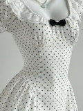 Yeknu  Elamini Sweet Polka Dot Patchwork Ruffle Petal Sleeve Bow Tie Waist Cute Mini Dress For Women