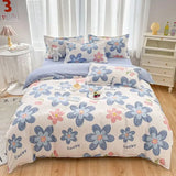 Yeknu  Cute Pink Strawberry Duvet Cover Flat Sheet Pillowcase Floral Bedding Set Girls Bed Linen Soft Thick Washed Cotton Bedclothes