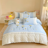 Yeknu 100% Cotton Bedding Set Ins Korean Floral Embroidered Lace Trim Duvet Cover Bed Linen Bed Sheets Set Pillowcase Twin Double Size