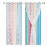 Yeknu  1/2Panel Blackout Curtain Double-Layer Pompom Grommet Eyelet Top Blackout Drape Voile Tulle Window Blind for Bedroom Living Room