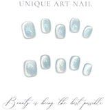 Yeknu 10Pcs Short Handmade Light Green Press On Nails Cat Eyes Pure Ballerina Decoration Wearable False Nails Full Cover Nail Tips Art