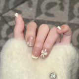 Yeknu  10pcs Press on Nails Daily Short Square Handmade Nail Art Nude French Pearl Bowknot False Nails Reusable Sweet Cute Fake Nails