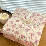 Yeknu Ins floral print Bedding set knitted cotton Flat sheet set Four pieces duvet cover double layer-yarn 4Pcs lovely Fitted sheet