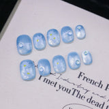 Yeknu  10pcs Ombre Bubble Beads Handmade Nails  Blue Heart Cat-Eye Press on Nail Short Square Round Full Coverage Nail Tips for Women