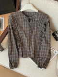 Yeknu  Women's Red Plaid Shirts and Blouses Y2k Aesthetic Vintage Korean Harajuku 2000s Elegant Long Sleeve O-Neck Shirt Trashy Clothes
