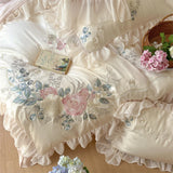 Yeknu  100% Cotton Floral Embroidery Bedding Set French Ruffle Lace Duvet Cover Set Elegant Rose Comforter Cover Bed Sheet Pillowcases