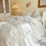 Yeknu 4Pcs White Korean Princess Style 100% Cotton Bedding Set Double Layer Lace Ruffles Duver Cover Bed Skirt Bedspread Pillowcases