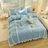 Yeknu Korean Princess Style Bedding Sets Ins Lace Bowknot Duvet Cover Fitted Sheet For Girl Woman Home Bedroom Kawaii Bed Linens