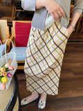 Yeknu  Women’s Plaid Midi Pleated Skirt Spring Summer Yellow Brown Checkered A-Line Ladies Skirt  Casual Elegant Woman Skirts