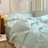 Yeknu Ins Style Korean Bedding Set Lace Seersucker 4-piece Bed Sheet Set Quilt Cover Solid Duvet Cover For Girl Spring Decor Home