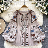 Yeknu  Bohemian Heavy Embroidery Shirt Round Neck Tie Lantern Sleeve Top Female Spring And Autumn New Loose Casual Beach Top Blusas