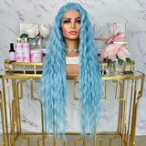 Yeknu  Blue Curly Wigs for Women Synthetic Lace Front Wig Long Loose Curly Blue Wig Heat Resistant Fiber Hair Wig Cosplay Party