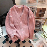 Yeknu  Women V-Neck Pink Cardigan Loose Long Sleeve Knit Sweater Harajuku Vintage Y2k Oversize Japanese Cashmere Sweater 2000s Clothes