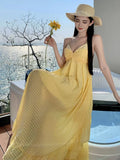 Yeknu  Yellow Backless Suspender Dress Female Summer Bohemian Seaside Holiday Beach Long Dress