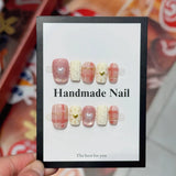 Yeknu  10pcs Pink Plaid Press on Nails Glitter Cat Eye Fake Nails Heart Pearl Stick on Nails 3D Embossed Nail Square French False Nail