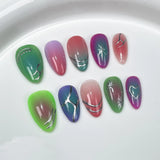 Yeknu 10Pcs Handmade Press on Nails Cat Eye Moon Decorations Aurora False Nails Short Almond Acrylic Wearable Manicure for Spice Girl