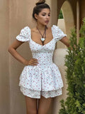 Yeknu  Square Neck Puff Sleeve Elegant Women's Dress Summer Fashion Back Waist Tie Print Dress Short Female Vestidos