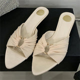 Yeknu  Fashion Design Pleated Hollow Out Thin Low Heels Women Slippers Summer Pointed Toe Party Dress Female Shoes