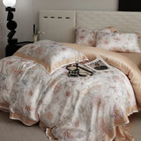 Yeknu Floral Plant Print Color Blocking Bedding Set Lyocell Bamboo Fiber Soft Silky Duvet Cover Flat/Fitted Bed Sheet Pillowcases 4Pcs