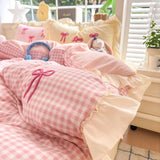 Yeknu Classic Plaid Duvet Cover, Soft Lace Bedding Set, Skin-Friendly Bow-Design Duvet Cover