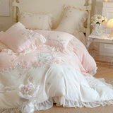 Yeknu French Romantic Bedding Set Luxury Flower Embroidery Princess Pink Ruffle Milk Velvet Quilt Duvet Cover Bed Sheet Set Bedclothes