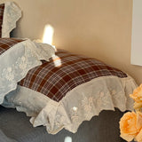 Yeknu Vintage Plaid Flowers Lace Ruffles Bedding Set 100% Cotton Double Layer Yarn Duvet Cover Flat/Fitted Bed Sheet Pillowcases 4Pcs
