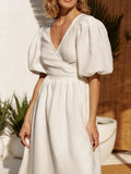 Yeknu  Jastie Summer V-neck Waist Cinched Dress Unique Lantern Sleeve Fashionable Sexy Slit Long Skirt Cotton Women's Casual Dresses