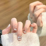 Yeknu  10Pcs Nude Short Ladder Handcrafted Press-On Nails Elegant White French Tip Edges with Diamond&Pearl Accents for Daily Nail Art