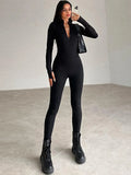 Yeknu Elegant 2024 Spring Zip-up Long Sleeve Jumpsuit Women One Piece Sports Fitness Overalls Streetwear Skinny Bodysuits Black Gray