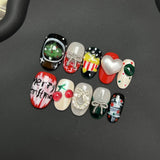 Yeknu  10pcs Handmade Christmas Press on Nails 3D Bow Pearl Love Cherry Design Fake Nails Wearable Sweet Cute Short Round False Nails
